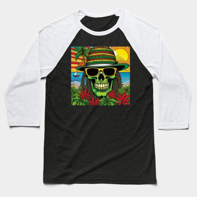 Reggae Music - Jamaican Stoner Skull 13 Baseball T-Shirt by Benito Del Ray